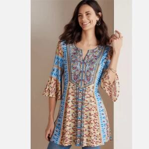 Soft Surroundings Fifi Boho Bell Sleeve Embroidered Tunic Shirt Blouse Top Large